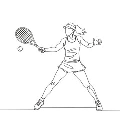 Continuous line drawing of a woman playing tennis with a racket and ball in action on a white background