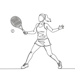 Continuous line drawing of a female tennis player hitting a ball with a racket in a dynamic pose