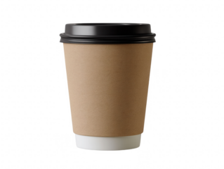 Kraft paper coffee cup with black lid isolated on transparent background