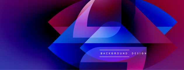 Fototapeta premium Abstract geometric shapes blend vibrant purple, blue hues. Modern design evokes dynamic energy, smooth gradients. Background features text elements.