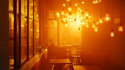 Warm cafe ambiance glows during golden hour with cozy atmosphere for inviting dining experience and intimate restaurant interior design concept.