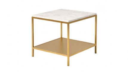 Gold metal frame side table with white marble top isolated on transparent background