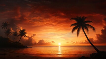 Sunset on a tropical beach with palm trees and ocean view