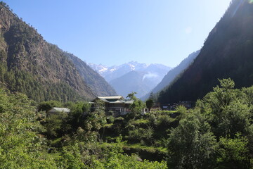 Peaceful Himalayan Valley View with Snow-Capped Peaks, Pine-Clad Mountains & Scenic Village...