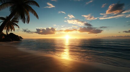 Sunset view over the ocean with waves and orange sky