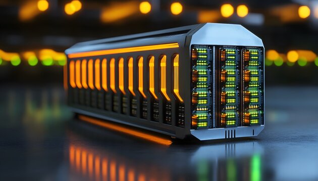 Futuristic server rack with glowing components.