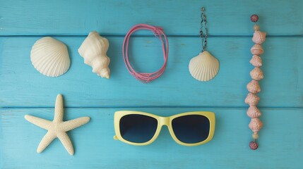 Naklejka premium Summer beach essentials with seashells and sunglasses on a blue plank. A vibrant seaside escape.