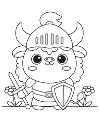 Coloring book buffalo wearing a knight's helmet and holding a sword and shield