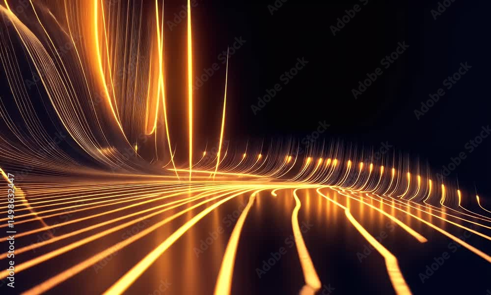 Poster a dynamic golden light trail with flowing lines and glowing dots, creating an abstract background fo