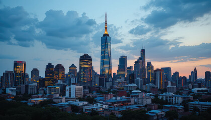 Fototapeta premium City Skyline Silhouette Under Twilight Sky With Evening Illumination and Starry Night 