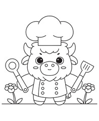 Coloring book adorable bull, with hat and utensils