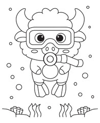 Coloring book adorable bull explorer  Wearing snorkeling gear