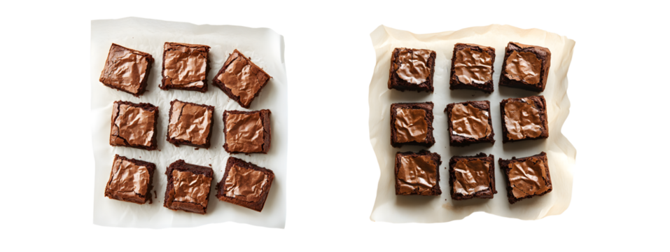 set of Square chocolate brownies arranged on a baking sheet. isolated on transparent background