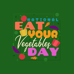Obraz premium National Eat Your Vegetables Day to celebrate on June 17th. Colorful bold text with illustrations of fruit vegetables on dark green background. Healthy food event banner.
