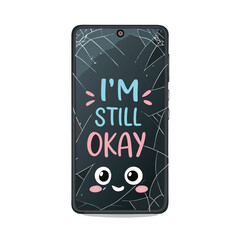 A shattered smartphone screen displaying a cute, kawaii anime-style face with a single tear, saying only "I...".
