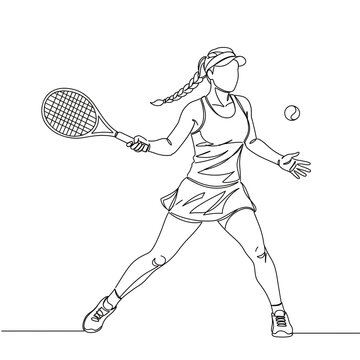 Continuous line drawing of female tennis player in action pose with racket and ball ready to hit shot
