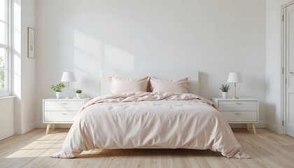 Minimalist Bedroom Design with Blush Pink Bedding and White Wooden Furniture, Perfect for a Relaxing Atmosphere