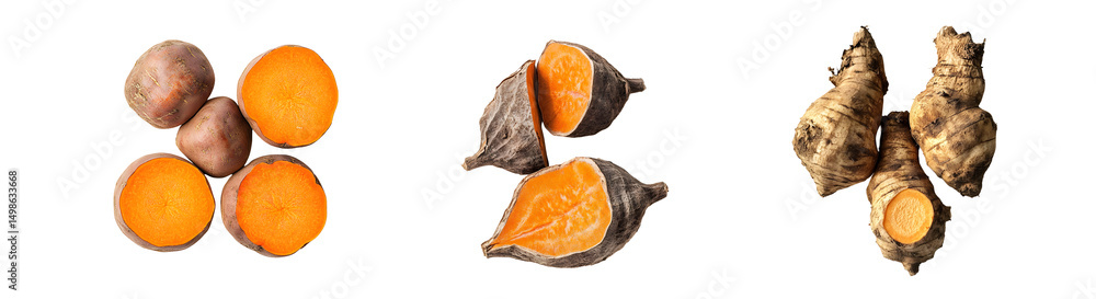 Poster set of display of sweet potatoes and ginger root isolated on transparent background