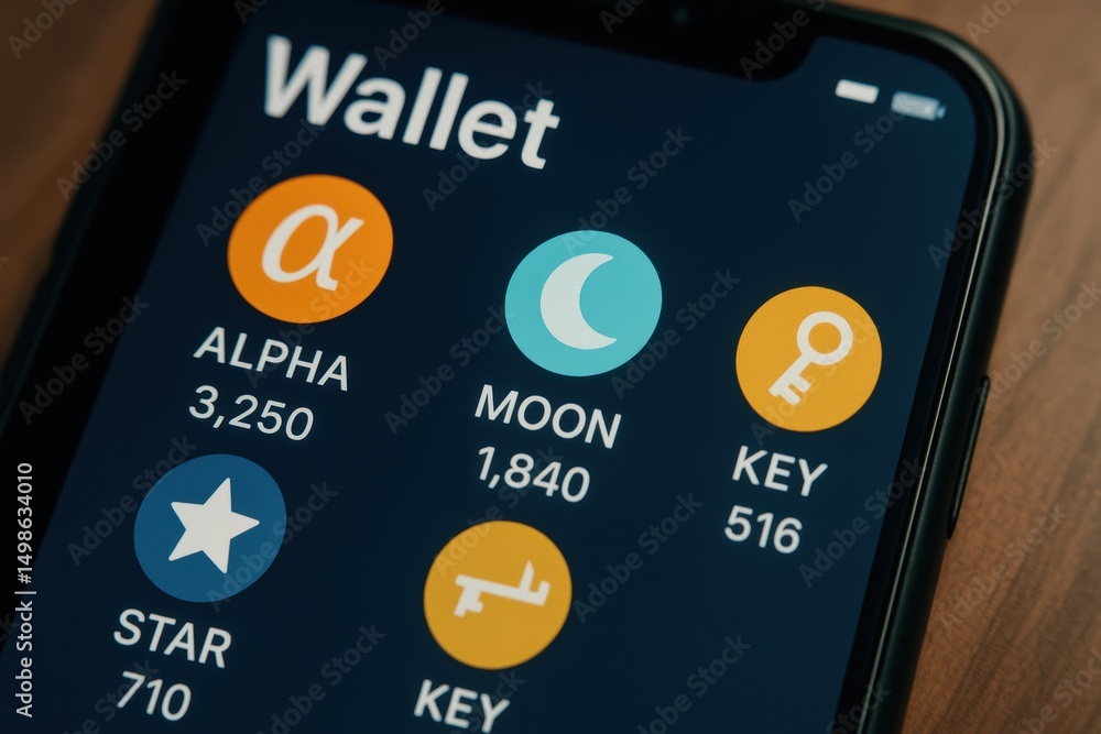Poster digital wallet interface with crypto assets and key management on a smartphone display