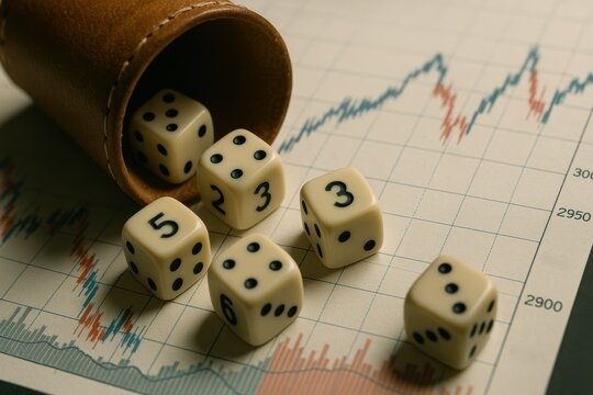 Dice Rolling on Financial Chart Background with Leather Case and Colorful Graphs