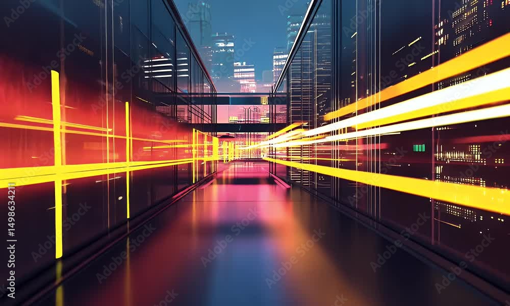 Poster in the center of an interior data center, rows and rows of server racks in a wide-angle view, with p