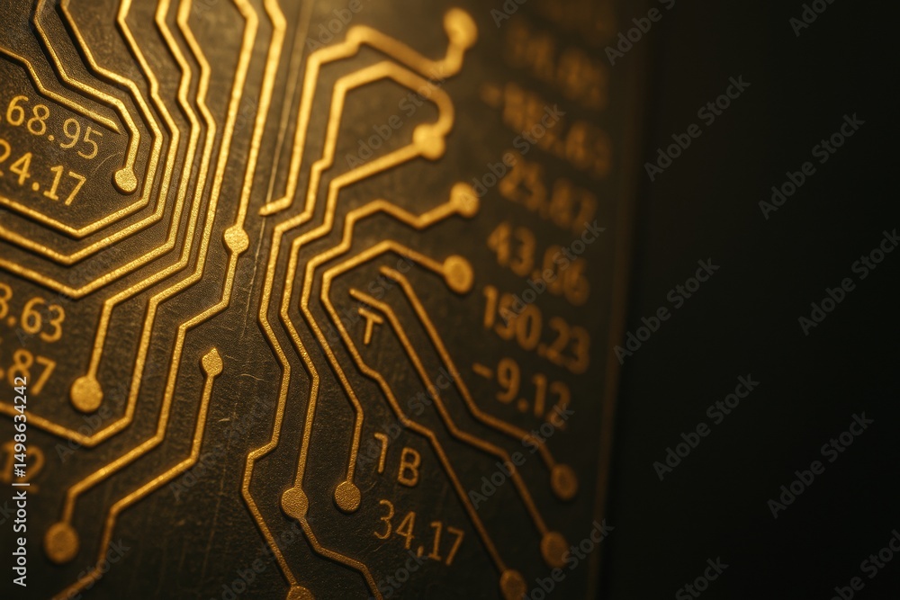 Poster detailed close-up of gold circuit board patterns with numeric values on dark background