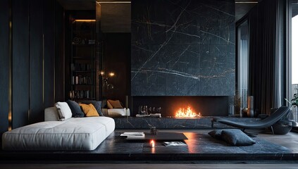 Modern dark luxurious living room with fireplace