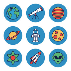 Set of Minimalistic Solid Line Colored Space Icons . Isolated Vector Elements