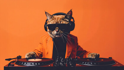 DJ Cat Grooving: A cool, hip cat, rocking a trendy orange suit and shades, spins vinyl on a turntable, with headphones on, set against a vibrant backdrop, ready to create a groovy vibe.