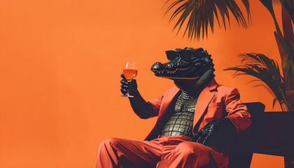 Stylish Alligator Sipping Cocktail: Dressed in an orange suit, an alligator-headed figure lounges, sipping a cocktail, set against a vibrant orange backdrop under the tropical foliage.
