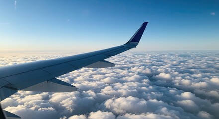 Obraz premium Airplane wing over fluffy clouds