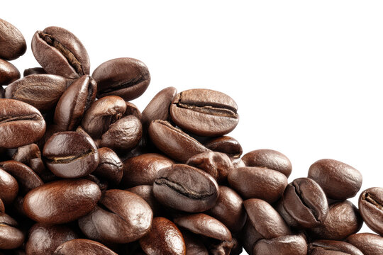 Close-up of shiny roasted coffee beans on black background, cut out