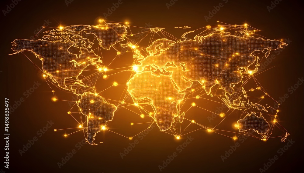 Poster global network map with glowing connections.