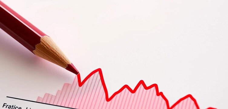 Close-up of a sharply falling financial chart marked with a red pencil, pencil, negative
