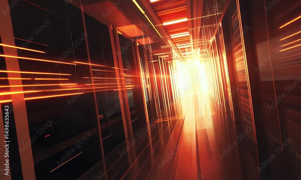 Poster in the center of an interior data center, rows and rows of server racks in a wide-angle view, with p