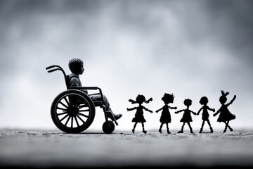 Obraz premium Lonely disabled boy in wheelchair watching joyful children play symbolizing disability, emotional struggle, and social exclusion