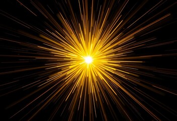 Dynamic yellow cosmic burst, black backdrop, sunburst flare, light rays, fiery, optical