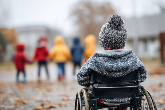 Lonely disabled boy in wheelchair watching joyful children play symbolizing disability, emotional struggle, and social exclusion