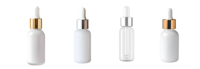 set of white glass dropper bottles with metallic caps. isolated on transparent background