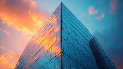 Low angle view of a glass building reflecting the colorful sunset sky with clouds in the background