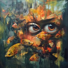 Abstract face, fish, deep colors, surreal