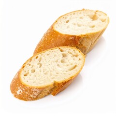 Sliced baguette on white background with full depth of field for French cuisine or breakfast concept