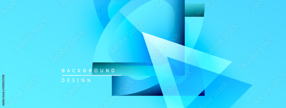 Poster Abstract blue design features flowing shapes, gradients. Modern background with text elements, dynamic composition.
