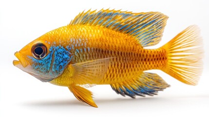 Fototapeta premium Vividly colored cichlid fish. A side profile of a vibrantly hued fish, displaying a striking combination of golden yellow and vibrant blue highlights on its fins and body