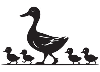 Silhouette Duck and Ducklings Walking in Row Vector Graphic