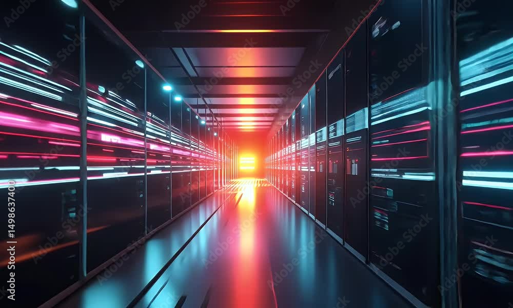 Poster modern digital art of an interior data center with rows of advanced server machines, illuminated by 