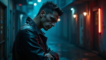 Obraz premium Stylish Man in Leather Jacket in the Rain at Night