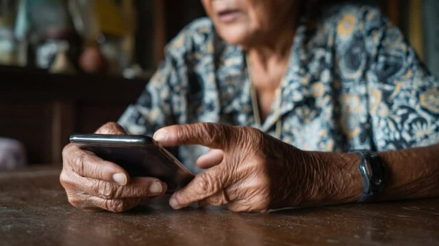 Digital Embrace: An older individual navigates the digital realm, fingers delicately poised over a modern smartphone, reflecting the intersection of technology and experience. 