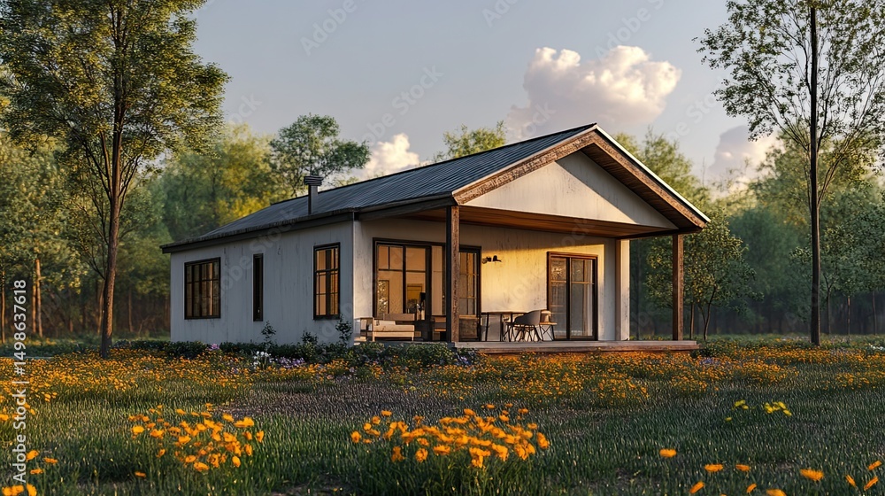 Poster a quaint cottage nestled in a field of wildflowers with trees and a cloudy sky in the background