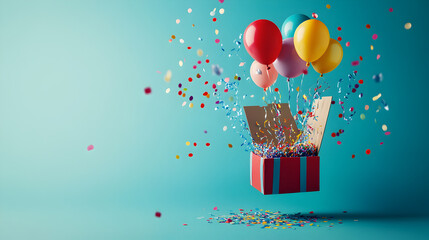 dise&ntilde;o de plantilla para invitacion con espacio de copia sobre un fondo azul con una caja de colores con confeti y globos coloridos flotando dise&ntilde;o de cumplea&ntilde;os o festejo 